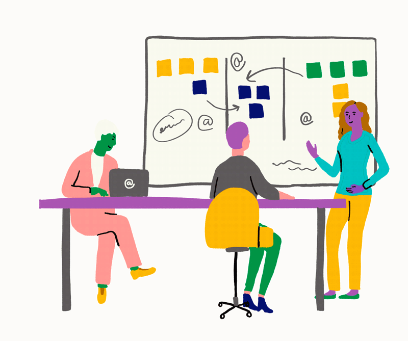 EnterpriseAnimated-crop Illustration of people talking in a conference room with a women pointing at a white board